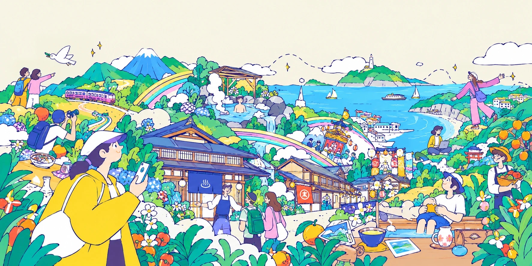 温泉旅館、海辺の町、山、祭り、地域の食を旅する人々のイラスト