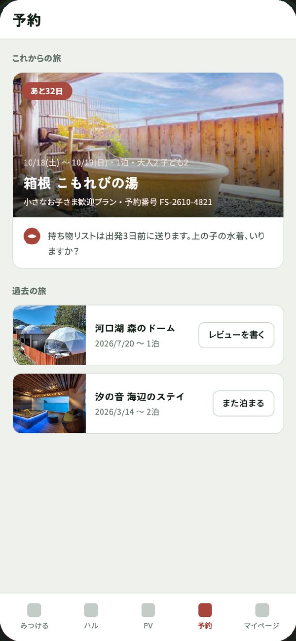 予約一覧の画面。出発までの日数と、過去の旅が表示されている